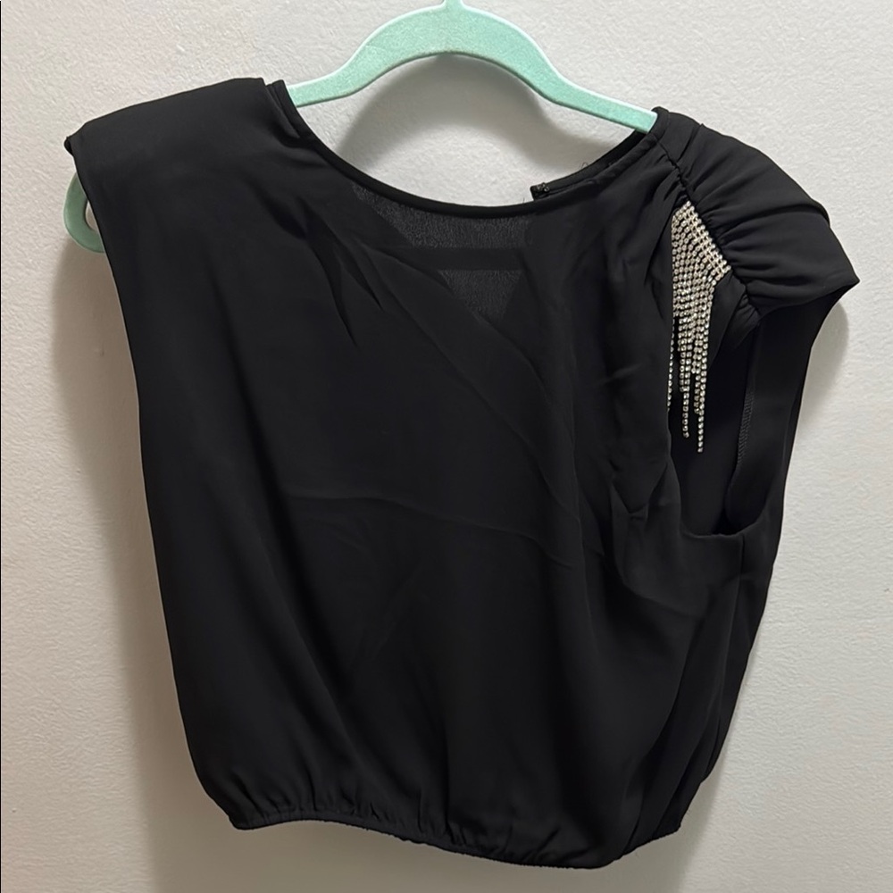 Express Black and Green Asymmetrical Embellished Blouse